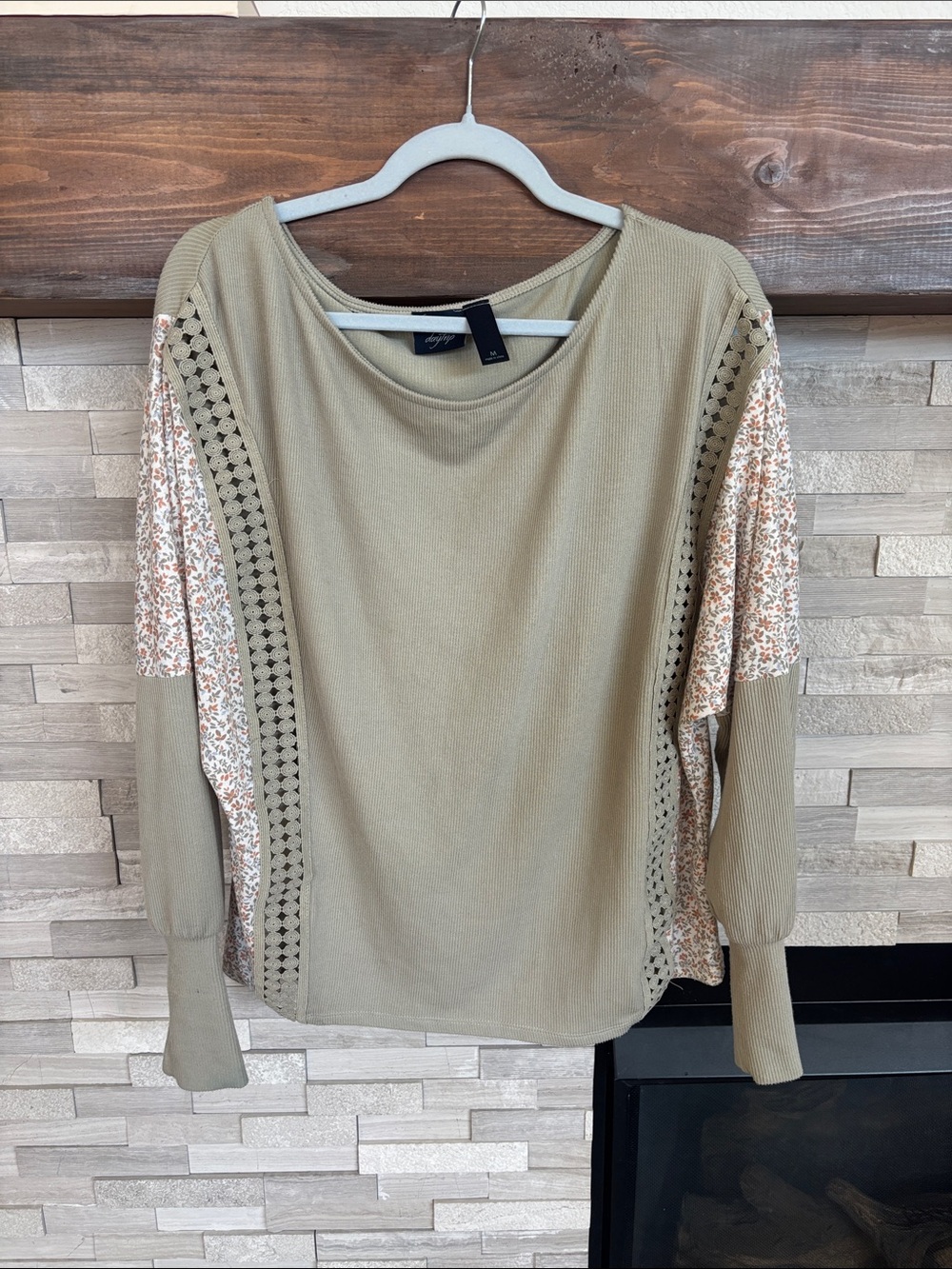 Daytrip Olive Green Knit Top with Floral Sleeve Accents